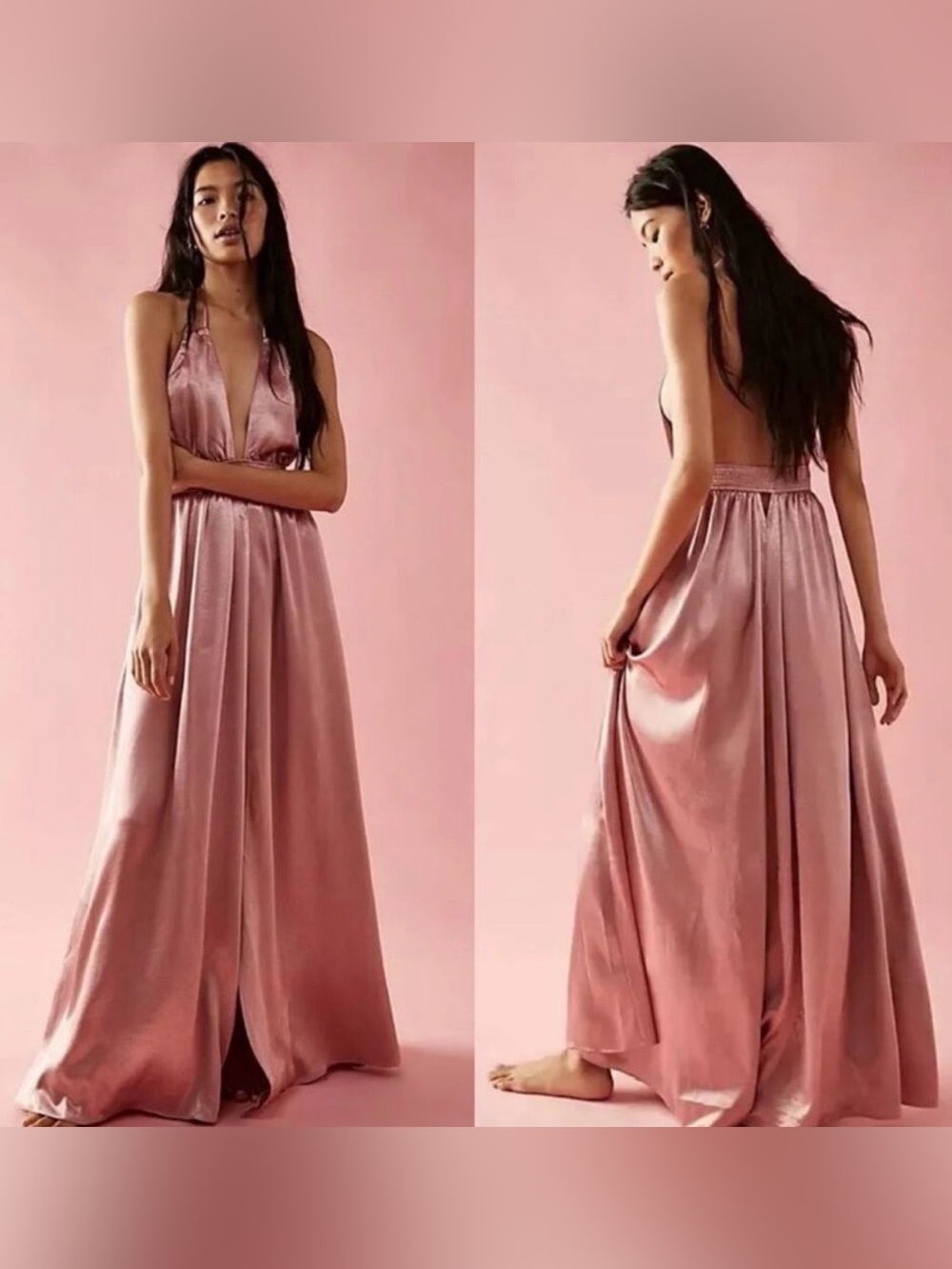 Free People Looking Into The Sun Pink Satin Maxi Halter Dress size S
